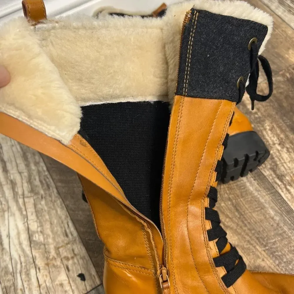 Cole Hann Henson Tall Leather Boots Camel Sherling Lace Up Lug Sole Size 6 1/2